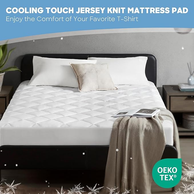 Sharper Image King Mattress Pad, Overfilled, Jersey Knit Ultra-Soft & Cooling Touch Mattress Pad for Bed, Cozy T-Shirt Handfeel Mattress Topper Fitted Pocket Fits Up to 18", King, White