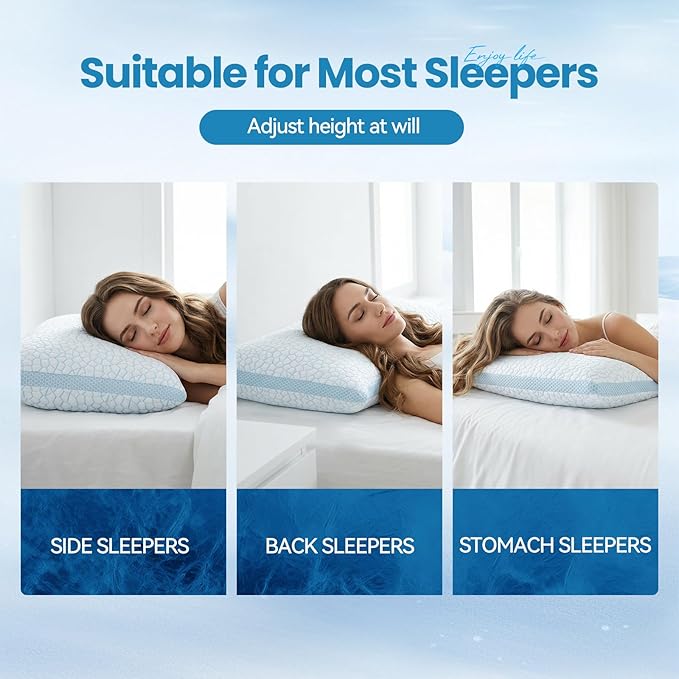 QUTOOL Cooling Pillows for Hot Sleeping, Shredded Memory Foam Pillows Standard Size Set of 1,Adjustable Soft & Firm Gel Bed Pillow for Side, Back, Stomach Sleepers