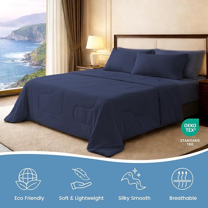 Cozy Bliss x Sorona® Viscose Natural Fiber Cooling Comforter King Size, Reversible Silky Smooth Cooling Blanket with Q-Max＞0.45 for Hot Sleepers & Night Sweats, Dark Blue, 106"x90"