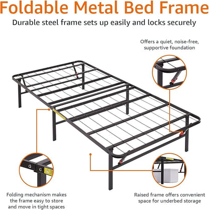 Amazon Basics Foldable Metal Platform Bed Frame with Storage, Sturdy Steel Support, No Box Spring Needed, 14-inch High, Tool-Free Setup, Twin Size, Black