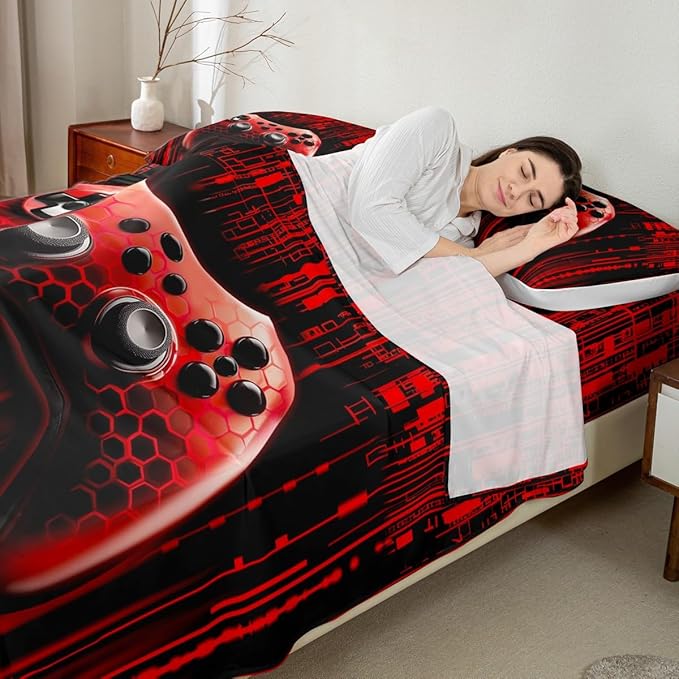 Manfei Gaming Gamepad Kids Sheet Full Size,Neon Light Geometric Honeycomb Hexagon Bedding Set,Boys Girls Room Decor,Modern Videogames Controller Red Bed Sheet Set 4pcs(Fitted + Flat + 2 Pillowcases)