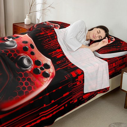 Manfei Gaming Gamepad Kids Sheet King Size,Neon Light Geometric Honeycomb Hexagon Bedding Set,Boys Girls Room Decor,Modern Videogames Controller Red Bed Sheet Set 4pcs(Fitted + Flat + 2 Pillowcases)