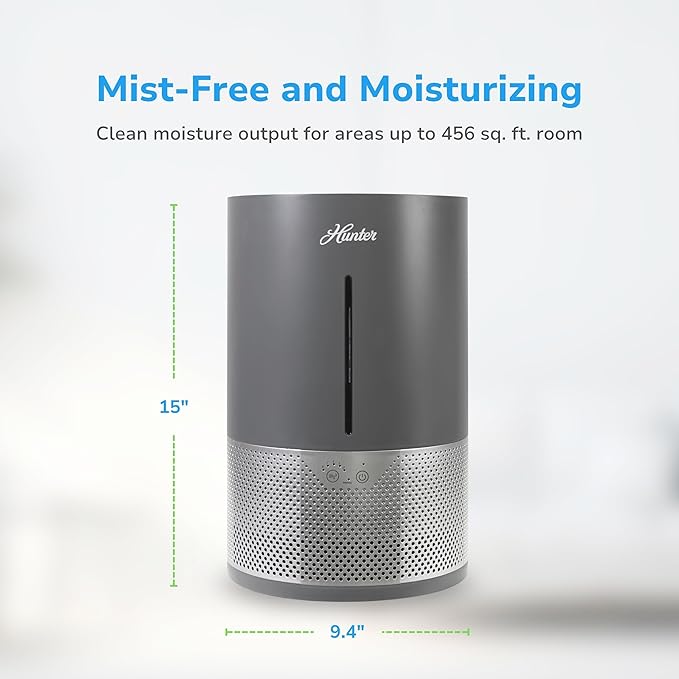 HHE150 Hunter Aspire 4.8L Evaporative Humidifier with PermaWick Filter (4.8L) - Remove Contaminants & White Dust for Clean Mist & Air – Medium Humidifier for Home, Bedroom, or Dorm - Graphite