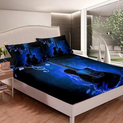 Electric Guitar Bed Sheet Queen Set,Rock Music Theme Guitar Musical Notes Sheets Sets Bedroom Decor,Neon Blue Glowing Modern Artistic Bedding Set with Flat,Fitted Sheet,2 Pillow Cases