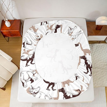 Dinosaur Kids Full Size Fitted Sheet,Sketch Cartoon Animal Boys Girls Bed Sheets,Dino Modern Fashion Room Decor,Brown White Bedding Set,2 Pillowcases(No Flat)