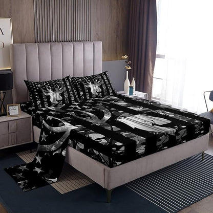 Manfei Deer Antlers Silhouette Sheet Twin,Camouflage American Flag Bedding Set for Kids Teens Adults, Wild Animal Natural Camo Bed Sheet 3pcs with Deep Pocket Fitted Sheet + Flat Sheet + 1 Pillowcase