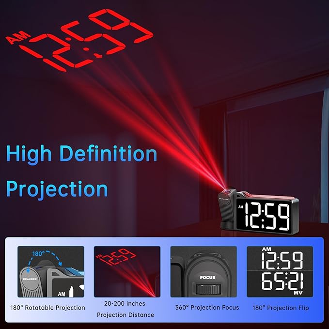 Peakeep Projection Alarm Clock for Bedroom Ceiling 180° Rotatable, Loud for Heavy Sleepers, Colorful Nightlight, 5 Brightness Dimmable Large Number Bedside Electric LED Digital Clock with USB Port