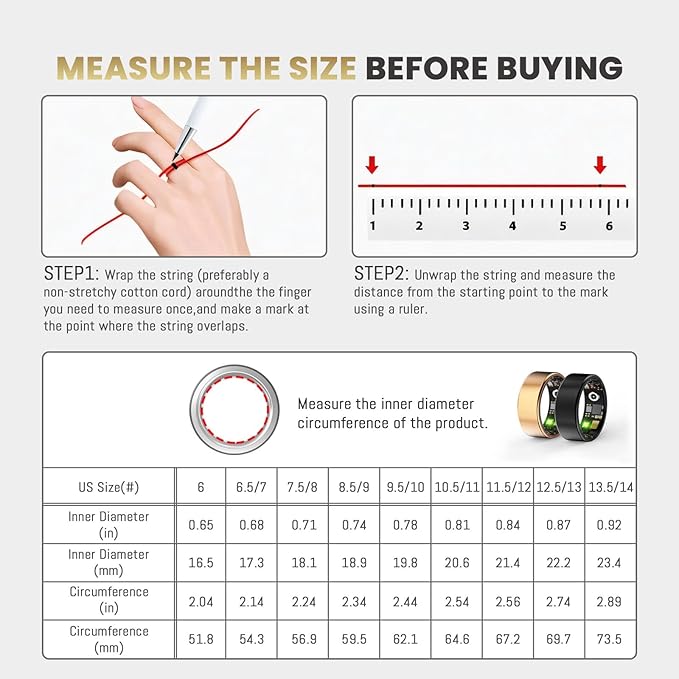 Smart Ring for Women Men, Health Fitness Tracker Rings, IP68 Waterproof, Long Lasting Batteries Sleep Ring with Charging Case and Protector, Remote Photography, No App Fees (Rose Gold, 7#)