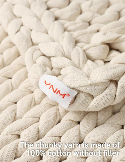 YnM Cotton Weighted Blanket, Handmade Chunky Knitted Design, Soft and Cozy, Temperature Regulating and Breathable, Machine Washable Throw for Sleep or Home Decor (Cream White, 50x60 Inch, 15lbs)