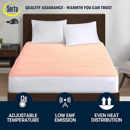 Serta Heated Mattress Pad Twin Size - Electric Mattress Pad, 10 Heat Setting Controller, Auto Shut Off Timer, Deep Elastic Pocket, Up to 17" Mattress, ETL Certified, Machine Wash, Twin, White
