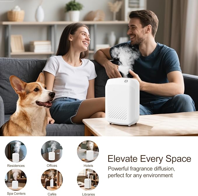 Waterless Essential Oil Diffuser, 2500 Sq.Ft Coverage, Bluetooth App Control, No-Noise Wall-Mounted Aroma Diffuser, 400ml, Perfect for Home, Hotel & Office, Valentines Day Gift, White