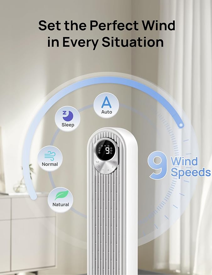 Dreo Smart Tower Fan for Bedroom, Floor Standing Bladeless Oscillating Fan with Remote, 9 Speeds, 4 Modes, 12H Timer, for Indoor Bedroom Home Office, WiFi Voice Control