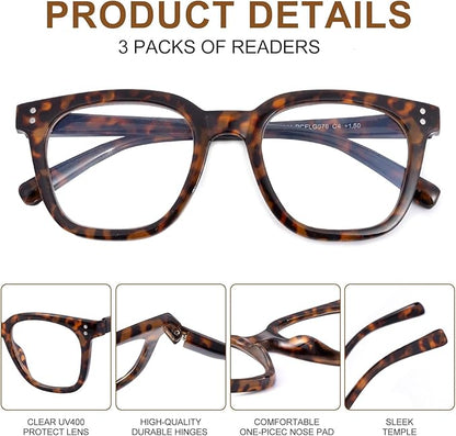 3 Pack Reading Glasses for Women Men, Square Blue Light Blocking Reading Glasses with Spring Hinge Anti Eyestrain Eyeglasses, Computer Readers with Glasses Chain, +1.5