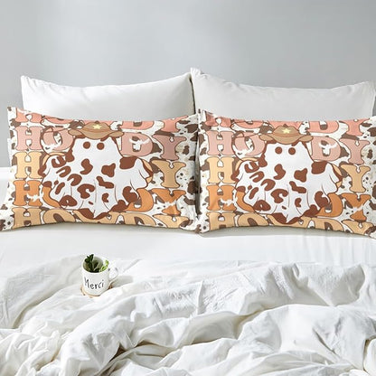 Manfei Western Ghost Bed Sheet Set 3 Pieces,Tribal Cowboy Hat Halloween Cute Ghost Microfiber Bedding Set Without Flat,Brown Cowhide Rustic Cow Fur Print Fitted Sheet,2 Pillow Cases,Full Size