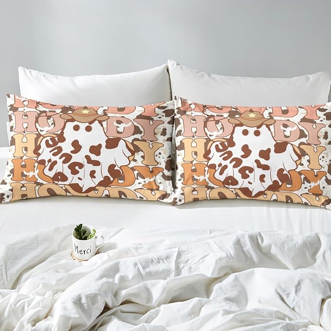 Western Ghost Bed Sheet Set Home Decor Tribal Cowboy Hat Halloween Cute Ghost Sheet Sets Deep Pocket,Brown Cowhide Rustic Cow Fur Print Mattress Cover,Twin Size with 1 Pillowcase