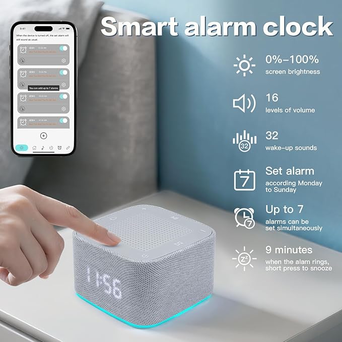 White Noise Machine, Sound Machine, Alarm Clock,Travel Sound Machine,Sleep Night Lights Bluetooth App Control Best Birthday Gift Ideas for Baby Adult Portable Travel Office Bedside Clocks Bedroom