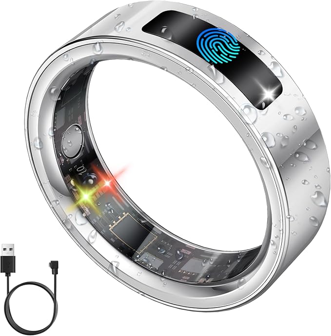 Smart Ring for Women Men, Fitness Tracker Ring with Heart Rate/Women's Health/Sleep/Steps, Touch Control, Vibration Alert, IP68 Waterproof Health Ring for iPhone/Android, No Subscription,Silver 8