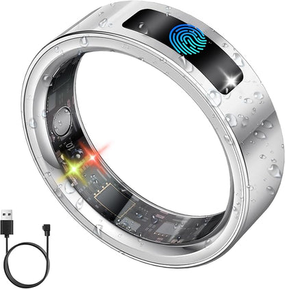 Smart Ring for Women Men, Fitness Tracker Ring with Heart Rate/Women's Health/Sleep/Steps, Touch Control, Vibration Alert, IP68 Waterproof Health Ring for iPhone/Android, No Subscription,Silver 7