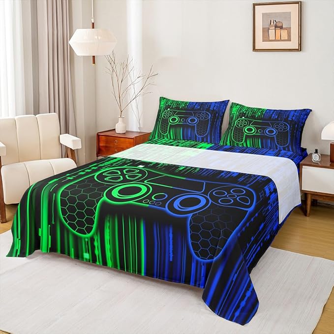 Video Gamepad Kids Sheet King Size,Abstract Neon Lights Honeycomb Hexagon Geometric Bedding Set,Boys Girls Room Decor,Gaming Controller Green Blue Bed Sheet Set 4pcs(Fitted + Flat + 2 Pillowcases)