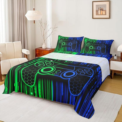 Video Gamepad Kids Sheet King Size,Abstract Neon Lights Honeycomb Hexagon Geometric Bedding Set,Boys Girls Room Decor,Gaming Controller Green Blue Bed Sheet Set 4pcs(Fitted + Flat + 2 Pillowcases)