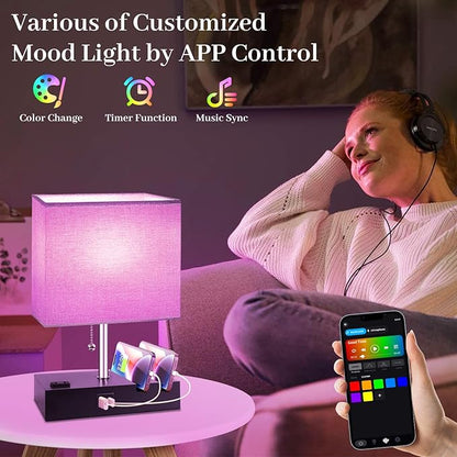 Smart RGB Dimmable Table Lamp Work with Alexa&APP&Remote Control, Bedside Desk Lamp with Charging Ports&Outlet&Phone Stand, Music Sync Nightstand Lamp for Bedroom Living Room Office Dorm
