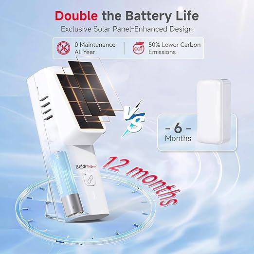 BaldrTherm Solar Bluetooth Thermometer & Humidity Monitor, Wireless Thermometer with Date Storage, Real-Time Alerts, 262 Feet Connecting Range, Apply for Room Greenhouse, Pet Cages, 1pack