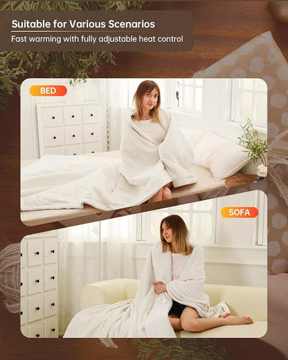Electric Heated Blanket Throw Size, Washable Blanket Warmer for Home for Adults, Fast Heating Super Cozy Soft Fabric, 50" x 60", 9 Heat Levels, 1-9H Auto-Off, ETL Certified, Cream