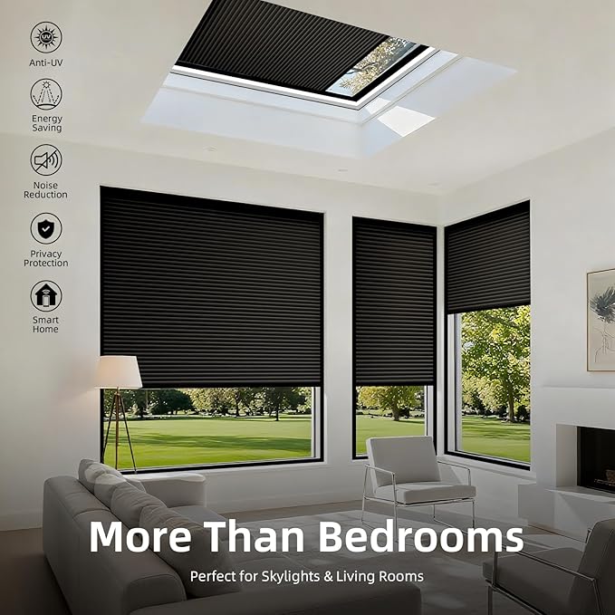 ZSTARR Motorized Skylight Shades Blackout Cellular Honeycomb Electric Blinds with Solar Panel Cordless Rechargeable with Remote for Roof and Slanted Windows Custom Size (Black Out Black)