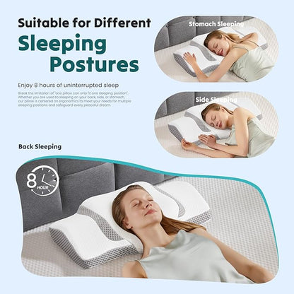 DUMOS Cervical Neck Pillow for Sleeping, Cooling Ergonomic Memory Foam Pillow with Arm Rest Slot and Ice Silk Pillowcase, Dual Height Orthopedic Support Contour for Side, Back, Stomach Sleepers