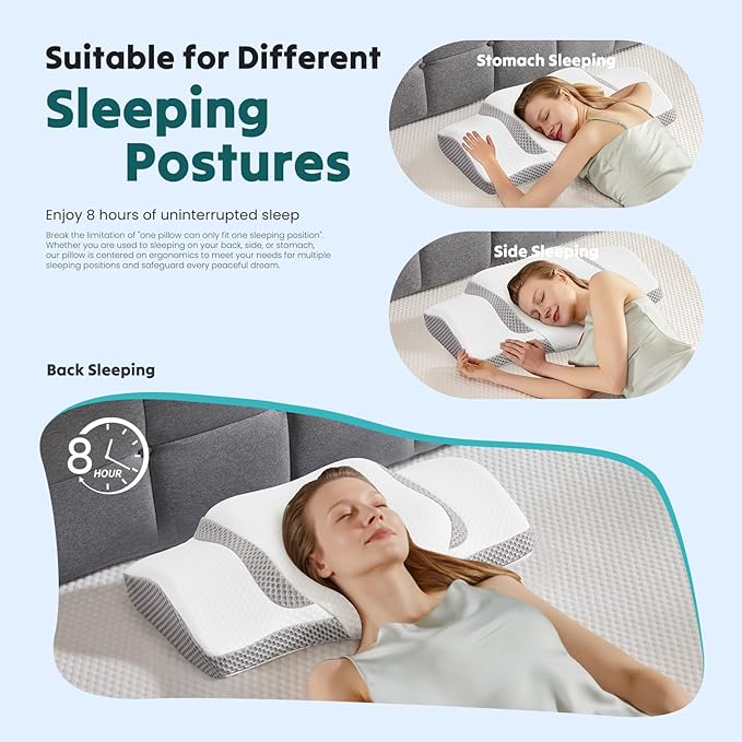 Sweetcrispy Cervical Pillow for Neck and Shoulder,Contour Memory Foam Pillow,Ergonomic Neck Support Pillow for Side Back Stomach Sleepers with Pillowcase, White & Grey