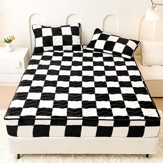 Milk Velvet Checkered Bedding Mattress Cover, Super Soft Elastic Bed Sheets with Pillowcase - Washable 12'' Deep Pocket Mattress Pad