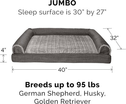 Furhaven Cooling Gel Dog Bed for Large Dogs w/ Removable Bolsters & Washable Cover, For Dogs Up to 95 lbs - Luxe Faux Fur & Performance Linen Sofa - Charcoal, Jumbo/XL