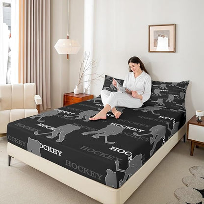 Manfei Ice Hockey Bed Sheets Full Size, Easy Wash Bedding Set,Winter Sports Modern Boys Girls Room Decor,Black Gray Sheet(Fitted+Flat+2 Pillowcases)