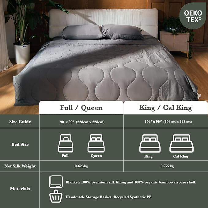 Silk Comforter King Size | 100% Mulberry Silk Fill with Organic Bamboo Viscose Shell | Summer Cooling Blanket for Hot Sleepers, Lightweight Breathable All-Season Bedding (Slate, 104"x90")