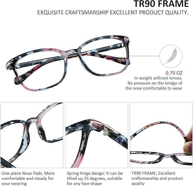 VisionGlobal Blue Light Blocking Glasses for Women, Anti Eyestrain, Computer Reading, TV Glasses, Stylish Square Frame, Anti Glare(+4.50 Magnification)