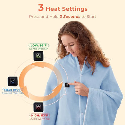 JOLLYVOGUE USB Heated Blanket Throw, Wearable & Portable Heating Electric Blanket for Adults, 3 Levels & 8 Heating Zone Shawl for Indoor & Outdoor, Light Blue (Battery Not Included)