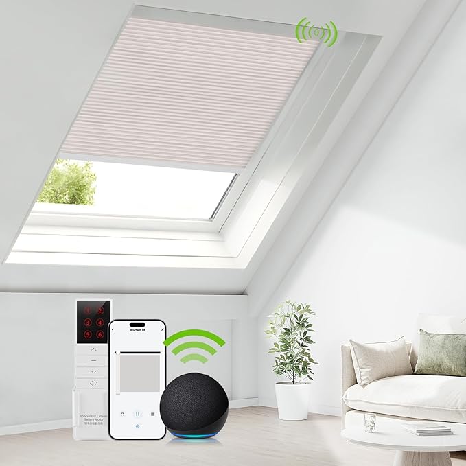 ZSTARR Motorized Skylight Shades Blackout Cellular Honeycomb Electric Blinds with Solar Panel Cordless Rechargeable with Remote for Roof and Slanted Windows Custom Size (LF Printed Vanilla Fawn)