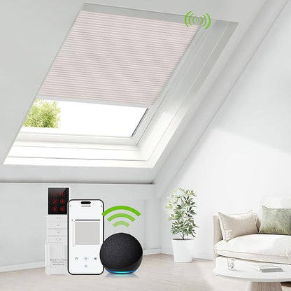 ZSTARR Motorized Skylight Shades Blackout Cellular Honeycomb Electric Blinds with Solar Panel Cordless Rechargeable with Remote for Roof and Slanted Windows Custom Size (LF Printed Vanilla Fawn)