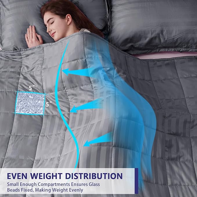 yescool Weighted Blanket for Adults (20 lbs, 60" x 80", Satin Grey Stripes) Heavy Blanket for Sleeping Perfect for 190-210 lbs, Queen Size Breathable Blanket with Premium Glass Bead, Machine Washable