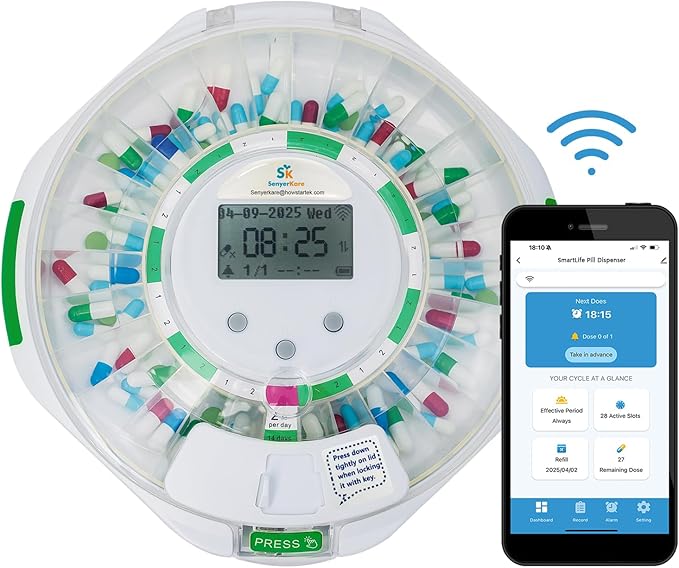 Smart WiFi Automatic Pill Dispenser w/Lock for Elderly, 28-Day Medication Organizer with Light/Sound & APP Alarm, up to 9 Alarms/Day, 9 Doses Per Day for Prescriptions & Vitamins, Clear Lid