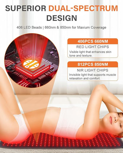 Red Light Therapy for Body, 34.3" x 15.9" Red Light Therapy Mat, 406 LEDs 660nm & 850nm Infrared Therapy Light Pad Blanket with Smart Temp & Timer for Back Belly Shoulder Muscle Pain Relief