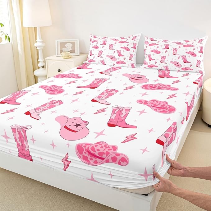 Manfei Western Cowgirl Fitted Sheet Queen Size Cartoon Lightning Pink Cowhide Starry Bedding Sheet Set,Tribal Texas Stars Cowgirl Boots Hats Bed Cover Ultra Soft Breathable Bedding 3 Pcs