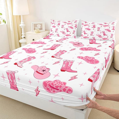 Manfei Western Cowgirl Fitted Sheet Queen Size Cartoon Lightning Pink Cowhide Starry Bedding Sheet Set,Tribal Texas Stars Cowgirl Boots Hats Bed Cover Ultra Soft Breathable Bedding 3 Pcs