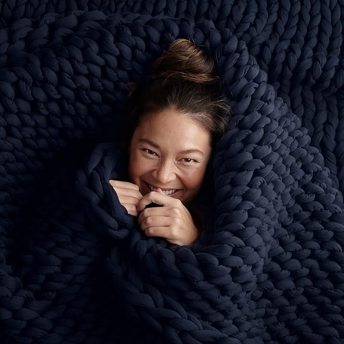 Bearaby Cotton Hand-Knit Weighted Blankets for Adults - Chunky Knit Blanket - Sustainable, Breathable, Organic, Cooling Weighted Blanket - Machine Washable (Midnight Blue, 10 lbs, 40"x64")