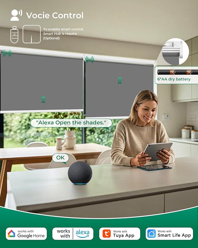 Allesin Motorized Roller Blinds with Remote Control for Windows, Blackout Automatic Smart Shades,Dry Battery Powered Electric Blind (Smoky Gray 38" W x 72" H)