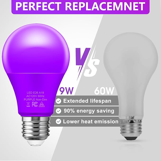 Briignite Purple Light Bulbs [2 Pack], A19 LED Purple Bulb Outdoor, Halloween Light Bulbs, 9W (60 Watt Equivalent) - E26 Porch Light Christmas Party Home Holiday Decor