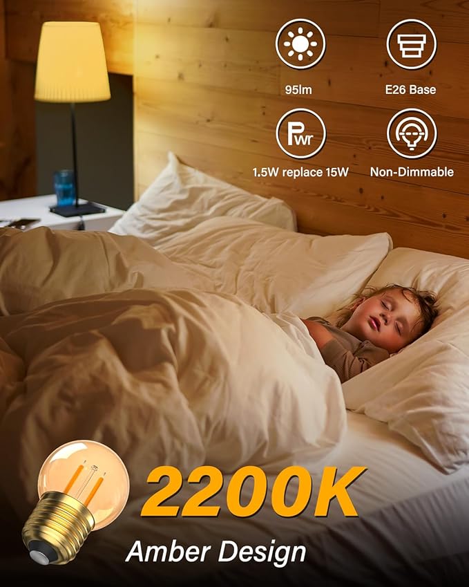 1.5Watt Low Watt LED Light Bulbs Equivalent to 10 Watt Night Bulbs,E26 Standard Base G40 Small Globe Light Bulbs,2200K Soft Warm Bulb for Bedroom,Amber Glass,Non-Dimmable,2-Pack