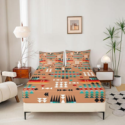 Aztec Kids Full Size Fitted Sheet,Western Tribal Abstract Boys Girls Bed Sheets,Rustic Farmhouse Triangle Room Decor,Brown Teal Bedding Set,2 Pillowcases(No Flat)