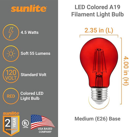 Sunlite 81082 LED Colored Filament A19 Light Bulb, 4.5 Watts, Medium E26 Base, 120 Volts, Transparent Red, Dimmable, 320 Degree Beam Angle, UL Listed, 2 Count
