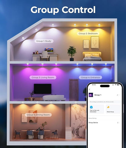 Recessed Lighting 6 Inch with App & Voice Control, 1200LM RGBCW Smart Ceiling Light Work with Alexa & Google, Dimmable LED Recessed Lighting 6 Inch with Timer Music Sync Can Lights, 6 Pack